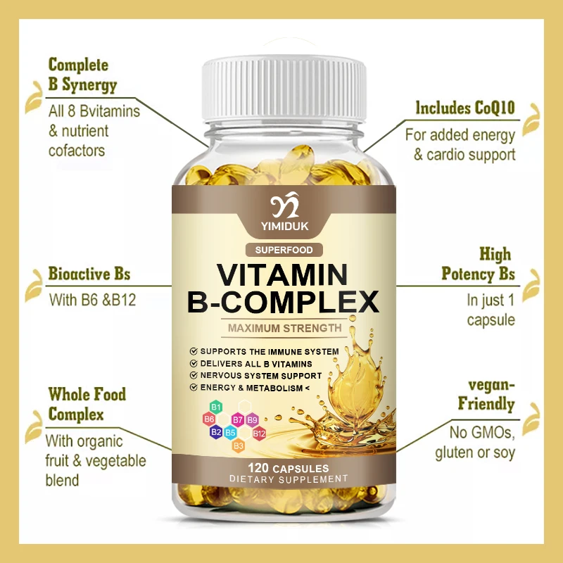 Vitamin B Complex Capsules - Fatigue, Digestion, Stress, Mood Formula, Boosts Energy and Metabolism