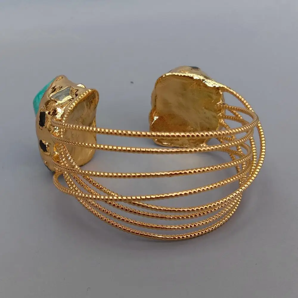 YYGEM Natural Purple Amethyst Druzy Green Turquoise Gold Plated Bangle Bracelet