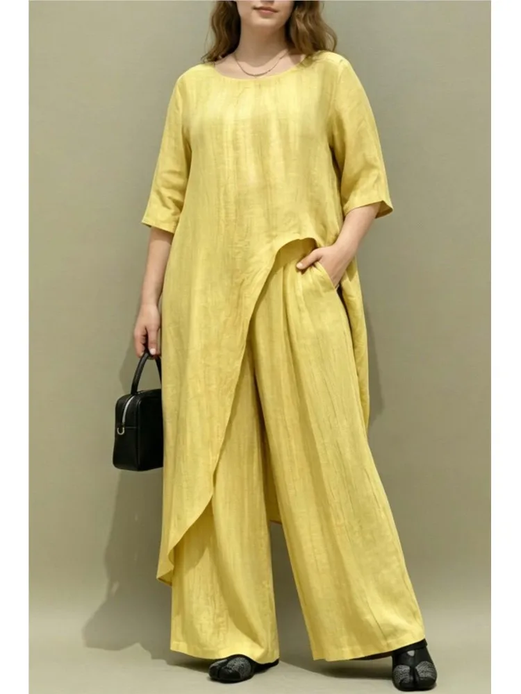 

Fashion Solid Color Casual Irregular Top Wide Leg Pants Suit 2026 Spring And Autumn Office Women's Trousers Two-piece Suit