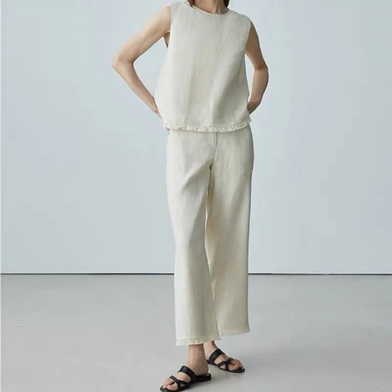 

Spliced Tassel Ramie Cotton Slim Straight Pants Vest Trousers Two-piece Set