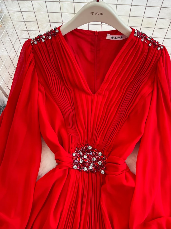 Women Elegant Pleated Long Dress Spring Autumn Sexy V-neck Long Sleeve  Chiffon Party Dresses Ladies Slim A-line Long Robe