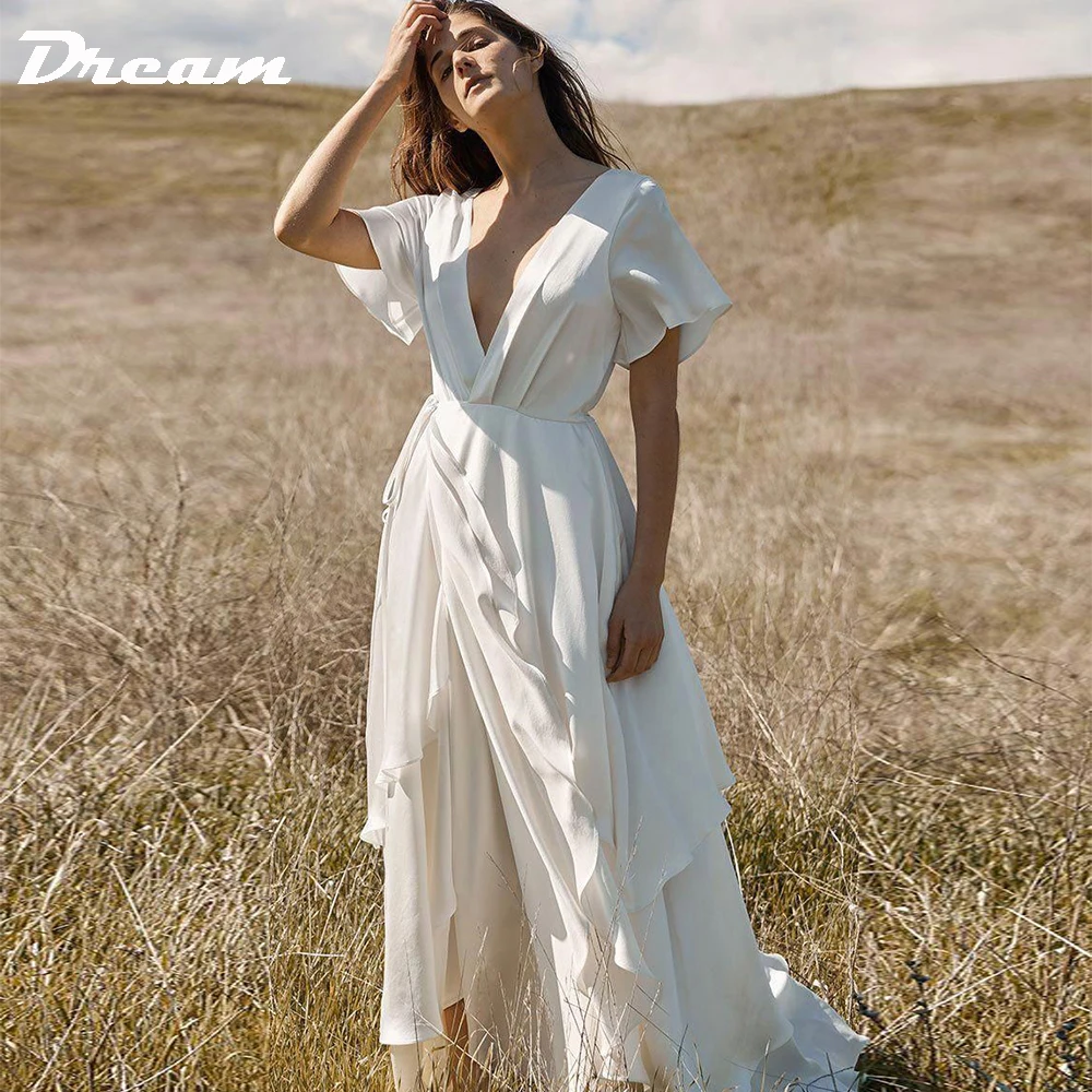 DREAM Short Sleeves V Neck Boho Bridal Dress Floor Length Tiered Irregular Wrap A Line Rustic Wedding Gown Simple