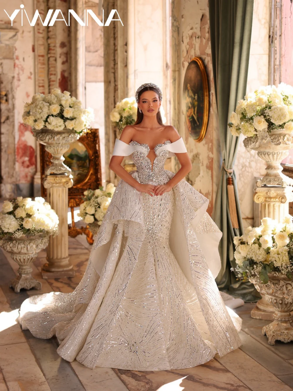 New Arrival Silver Crystal Wedding Dress Dreamy Floor-length Mermaid Bridal Gown Customized Off Shoulder Dresses For Bride