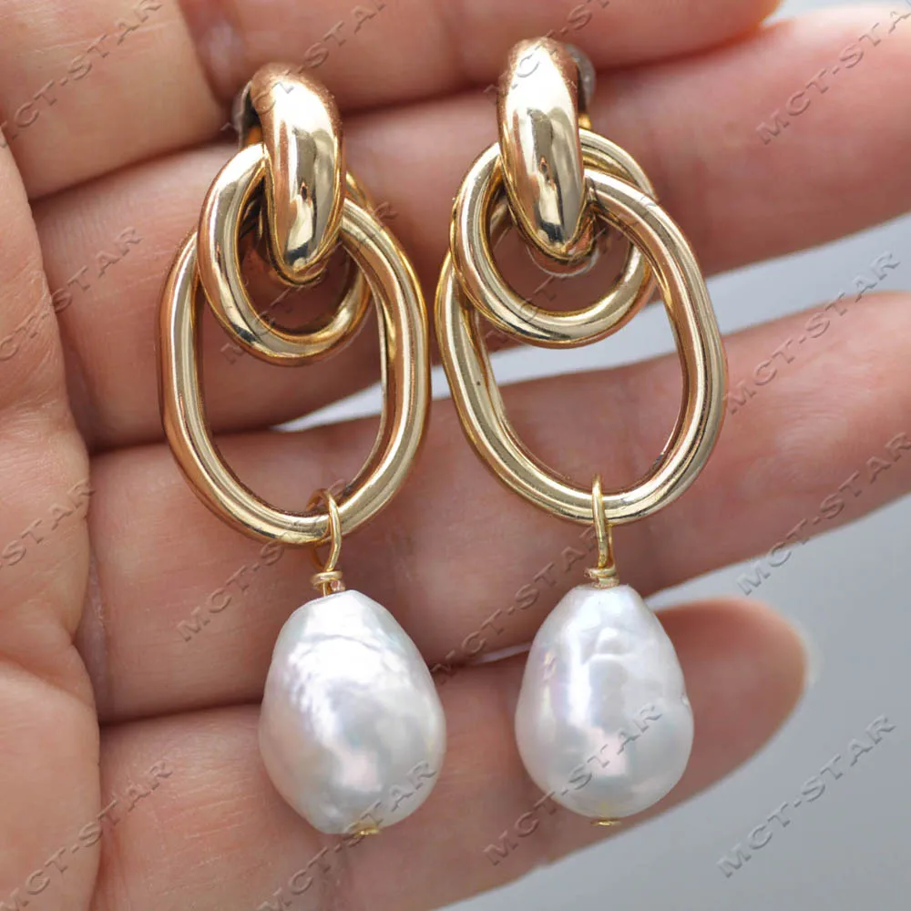 

19mm White Drop Edison Keshi Pearl Double Ring Dangle Earring Custom Jewelry (Z13799 )