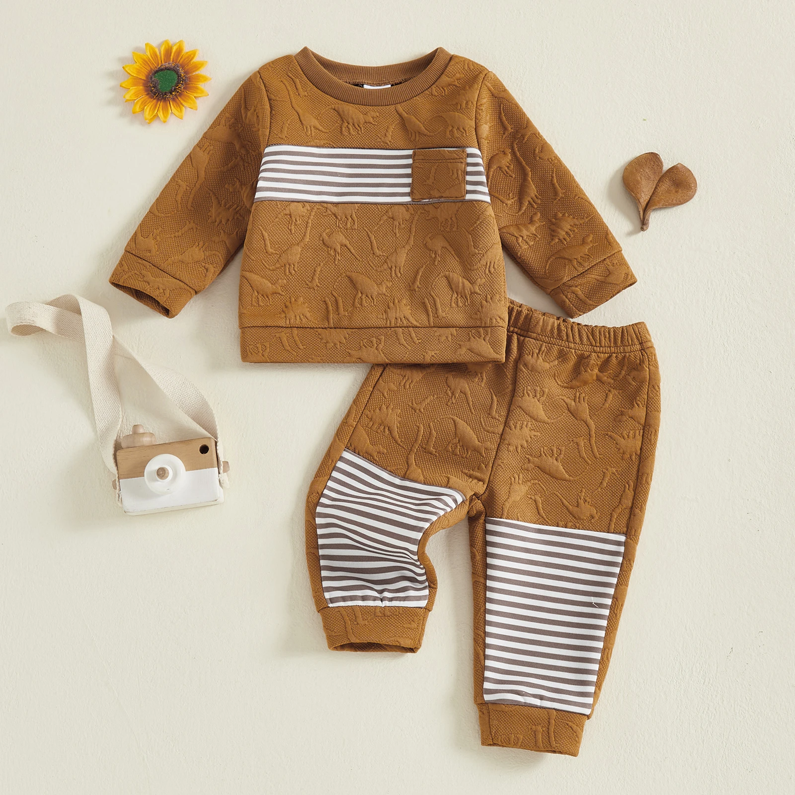

0-3 Years Toddler Boy Fall Stripe Outfits Dinosaur Jacquard Long Sleeve Round Neck Pullover + Elastic Waist Pants 2 Pcs Set