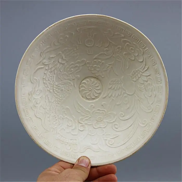 Chinese Song Ding Kiln Ivory White Embossed Dragon Phoenix Cloud Porcelain Plate Tea Table Decor Antique Collectible CeramicTray