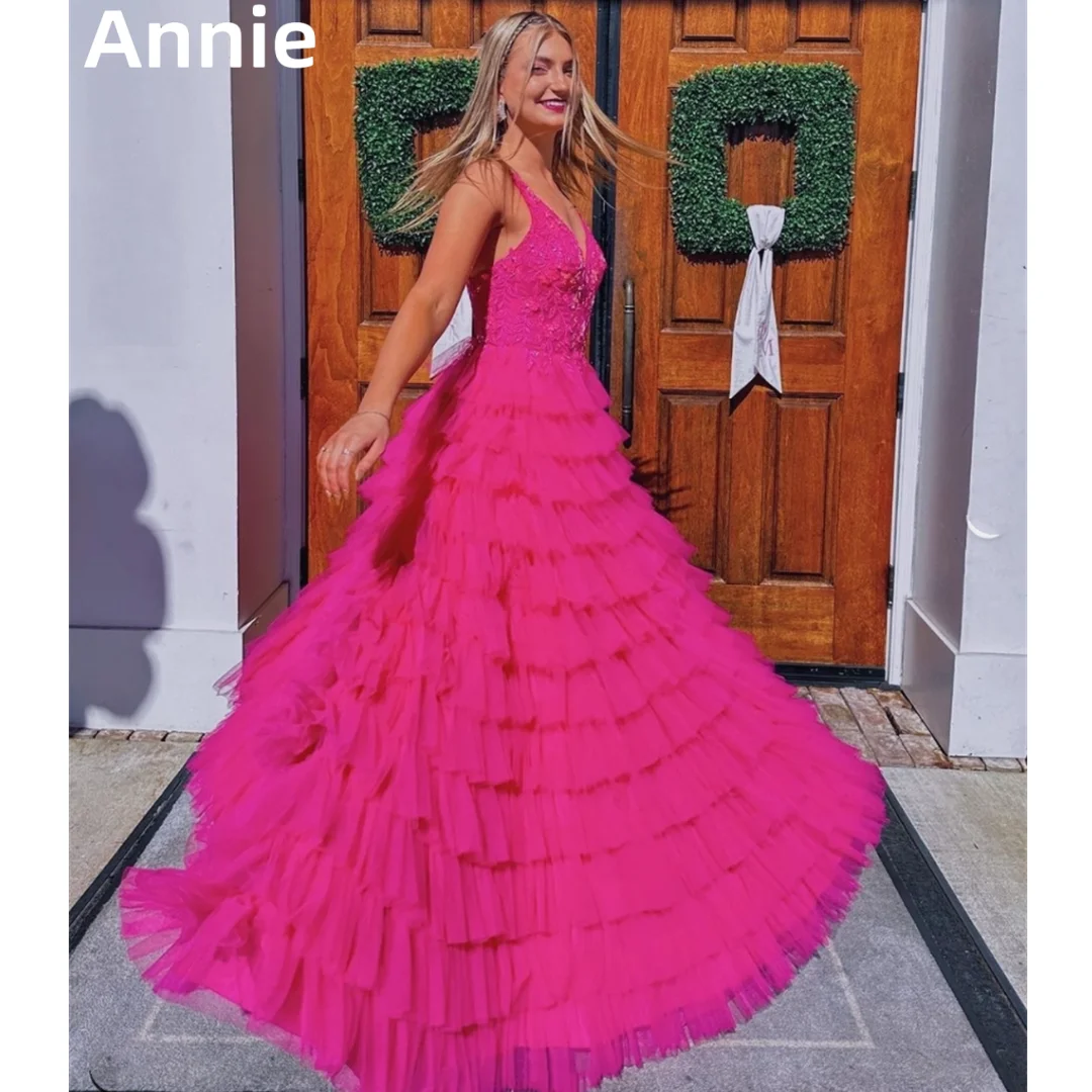 

Annie Lace Embroidery Appliqué Prom Dresses V-neck tulle Multi-layer 2024Vestidos De Noche A-shaped Sweet Princess Party Dresses