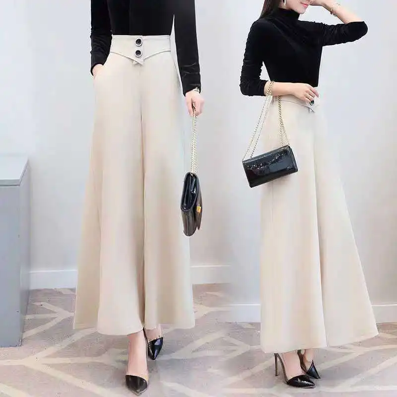 2023 Chiffon Culottes High Waist Long Trousers Women Spring Summer Large Size Wide Leg Pants Casual Palazzo Straight Pant Female