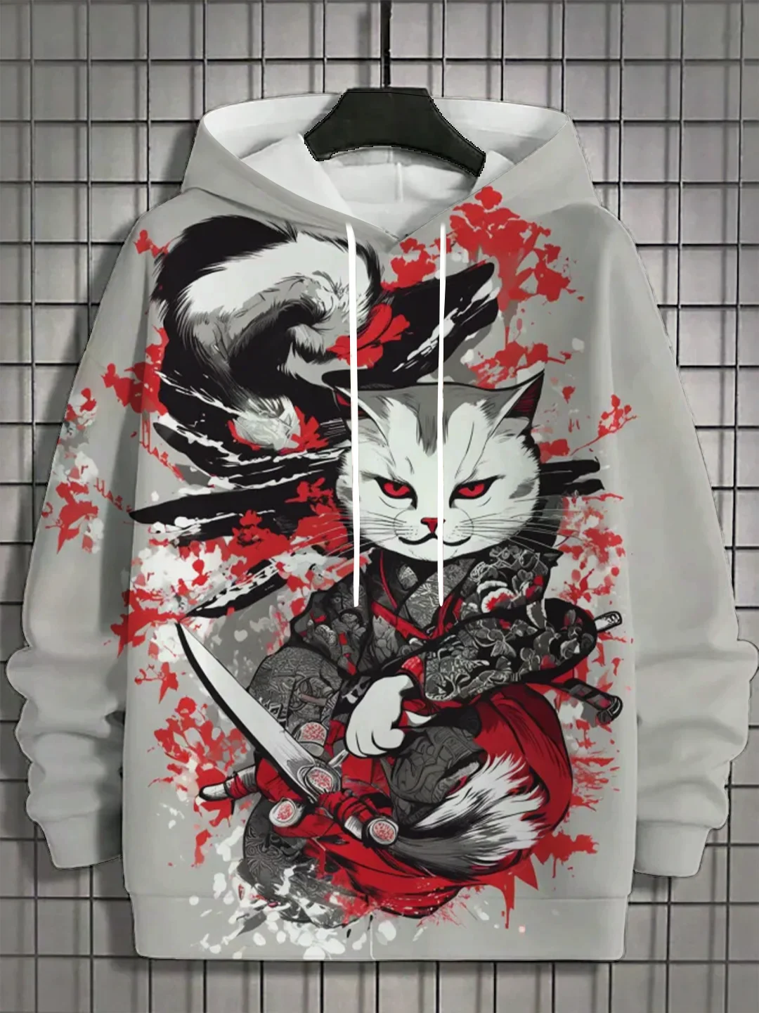 

Японские толстовки с принтом кота самурая для мужчин, модный пуловер большого размера y2k, осенне-зимние повседневные толстовки, забавные уличные топы