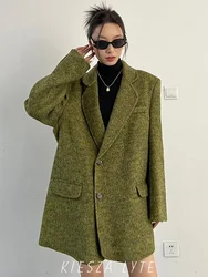 kiesza lyte 2024 Autumn Winter New Fashion Vintage High Quality Green Wool Blazers woolen Jacket Long Coats Women Сукно-пальто