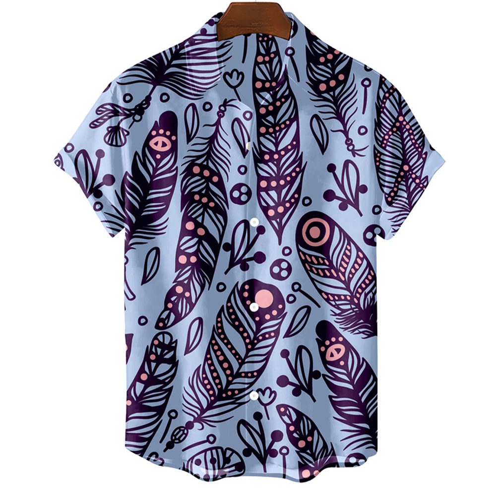 Fashion Feather Graphic Hawaiian Shirts Mens Summer Short Sleeve Tops Oversized Apparel Seaside Casual Clothing Camping Vacation