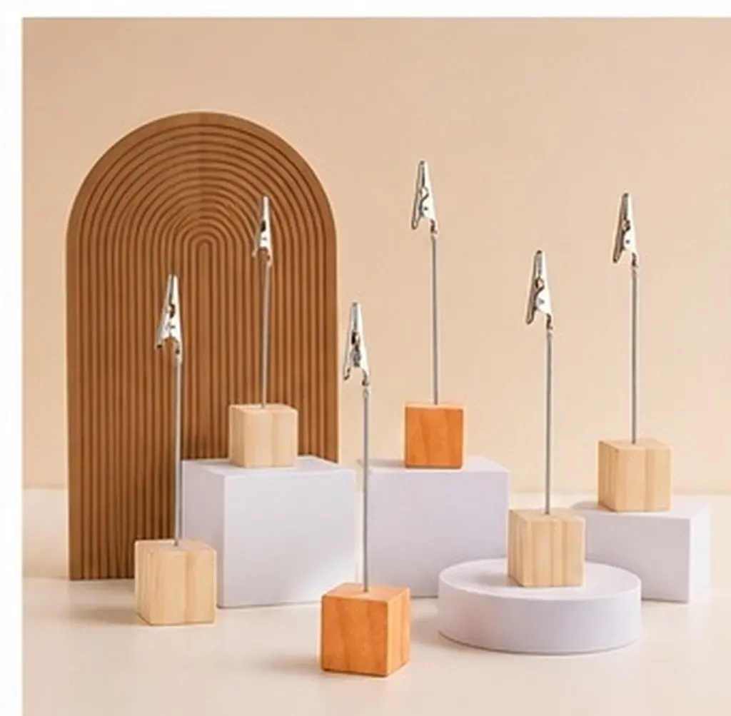 20Pcs Memo Clip Wooden Table Number Holders Natural Wood Square Base Retro Note Card Holders Desktop Photo Clips Wedding Food