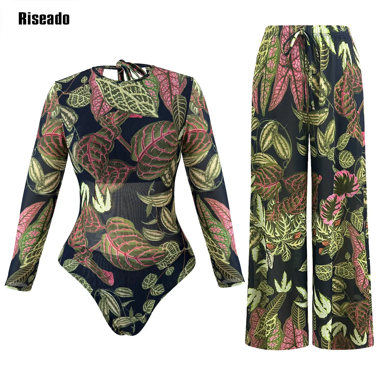 

Riseado Mesh Swimsuit with Long Pants 2026 New Rash Guard Mesh Beachwear Sexy High Waist Bathing Suit Smart Beach Clothes