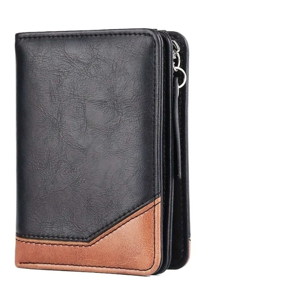 Carteira curta masculina de couro pu com zíper, bolsa de mão com bloqueio de cor, grande capacidade, porta-moedas, porta-cartões, compras