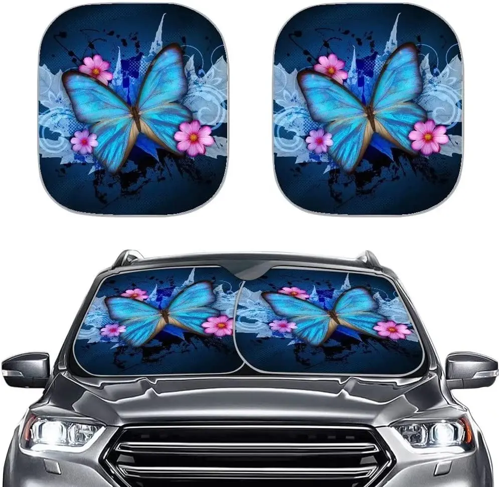 

JoyLamoria Butterfly Print Windshield Sun Shade 2-Piece Foldable Car Front Window Sunshades Sun Visor Protector Blocks UV Rays a