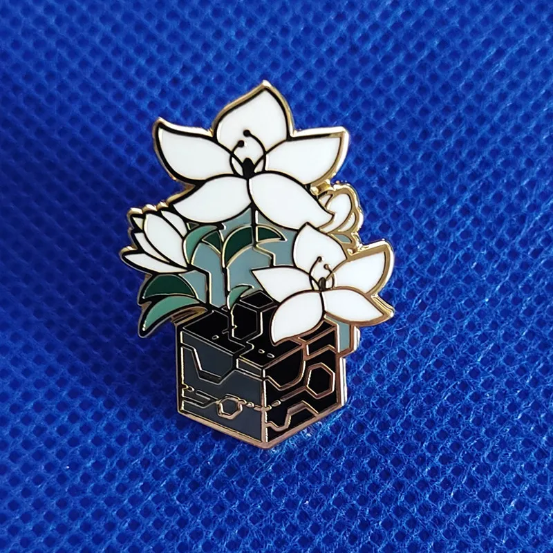 A Beautiful Jasmine Potted Brooch. Two Robots in Secret Love Against Humans. Enamel Badge Brooch