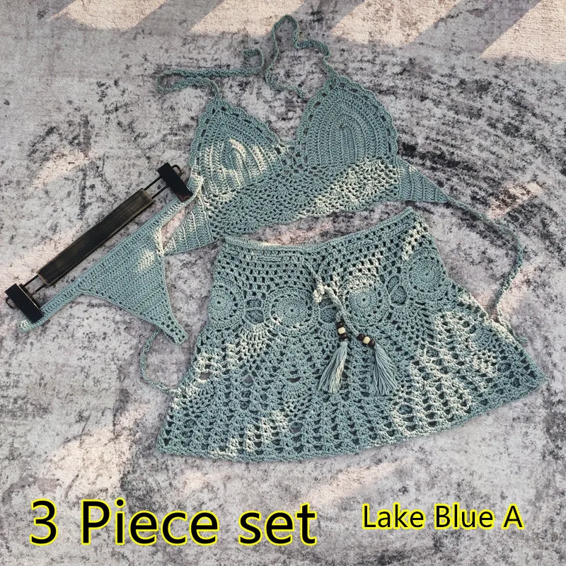 3pcs Maillot de bain crochete a la main pour femmes, ensemble deux pieces, soutien-gorge push up, sexy, crop top, pour la plage