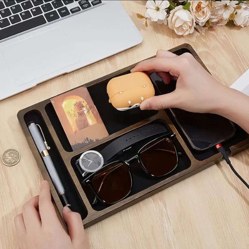 

Wooden Storage Box Phone Grid Storage Tray Watch Pen Display Holder Fruit Snack Plate Office Desk Accessories Home Organizer