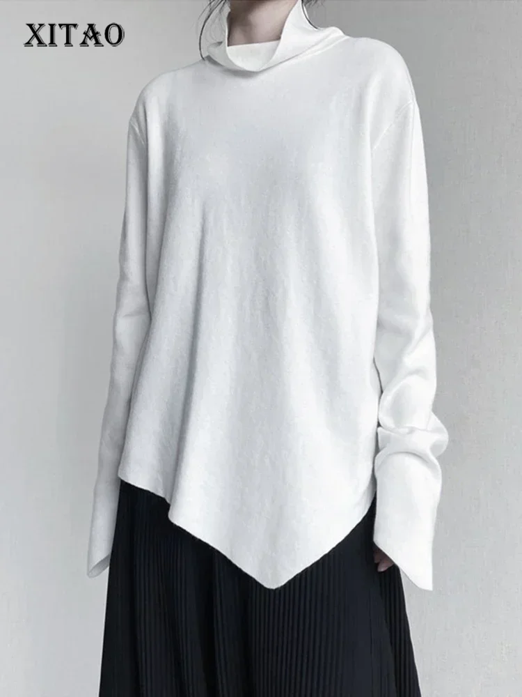 

XITAO Irregular Knitting Pullovers Simplicity Solid Color Half High Collar Women Spring New Casual Asymmetric Top HQQ1749