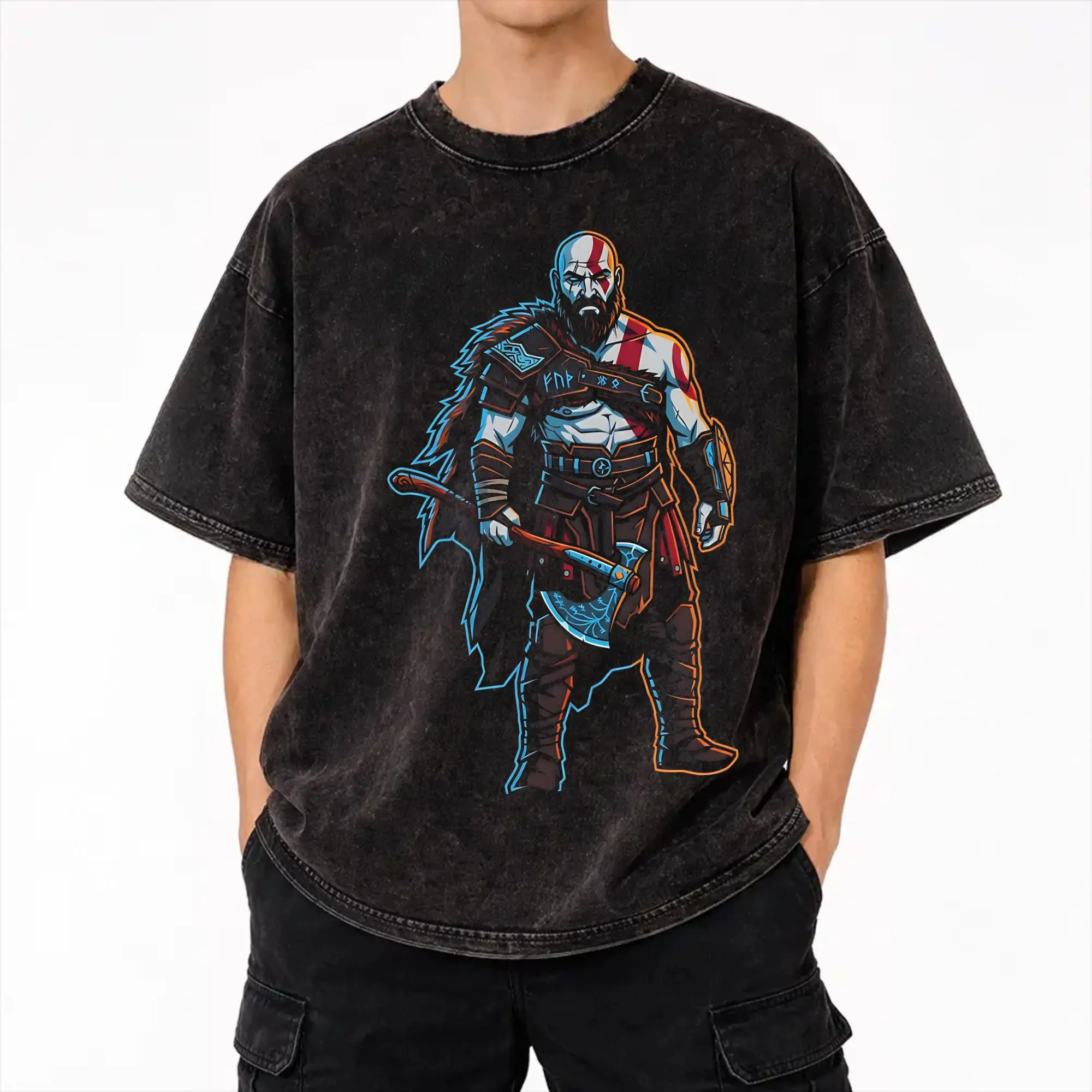 Kratos God of War Vector Gaming  Washed T Shirts Streetwear Hip Hop Cool T-Shirt  Tees for Men Women Short Sleeve Harajuku