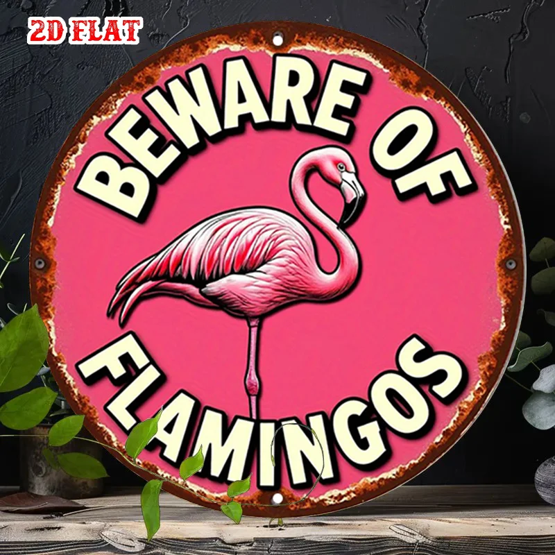 Pink Flamingo Round Sign, Vintage Humorous Design for Home, Garage or Cafe, 8 Inch Wall Art