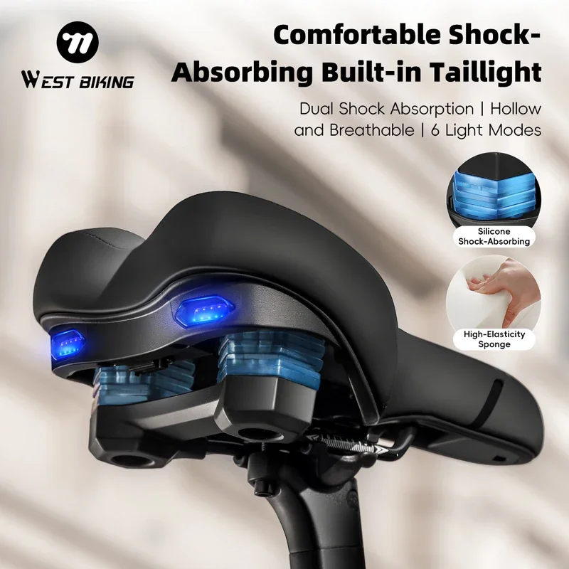 

WEST BIKING Мягкое сиденье Велосипедное седло с предупредительным задним фонарем Расширенная утолщенная подушка Велосипедное амортизирующее седло MTB Туристическое велосипедное седло