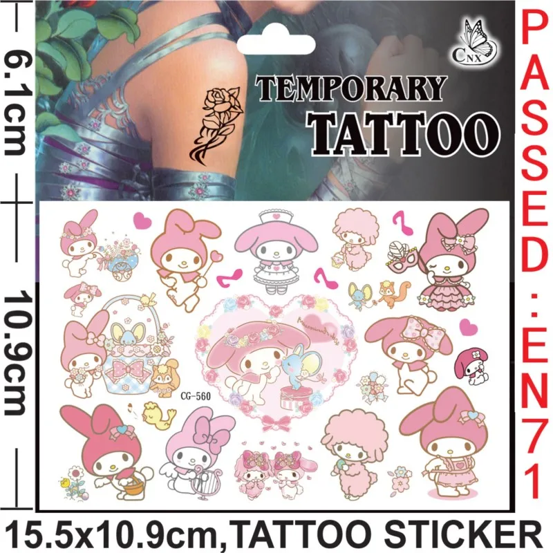 Tatuajes temporales de My Melody para niños y niñas, pegatinas de dibujos animados, Sanrio, kawaii, al azar, 2 piezas