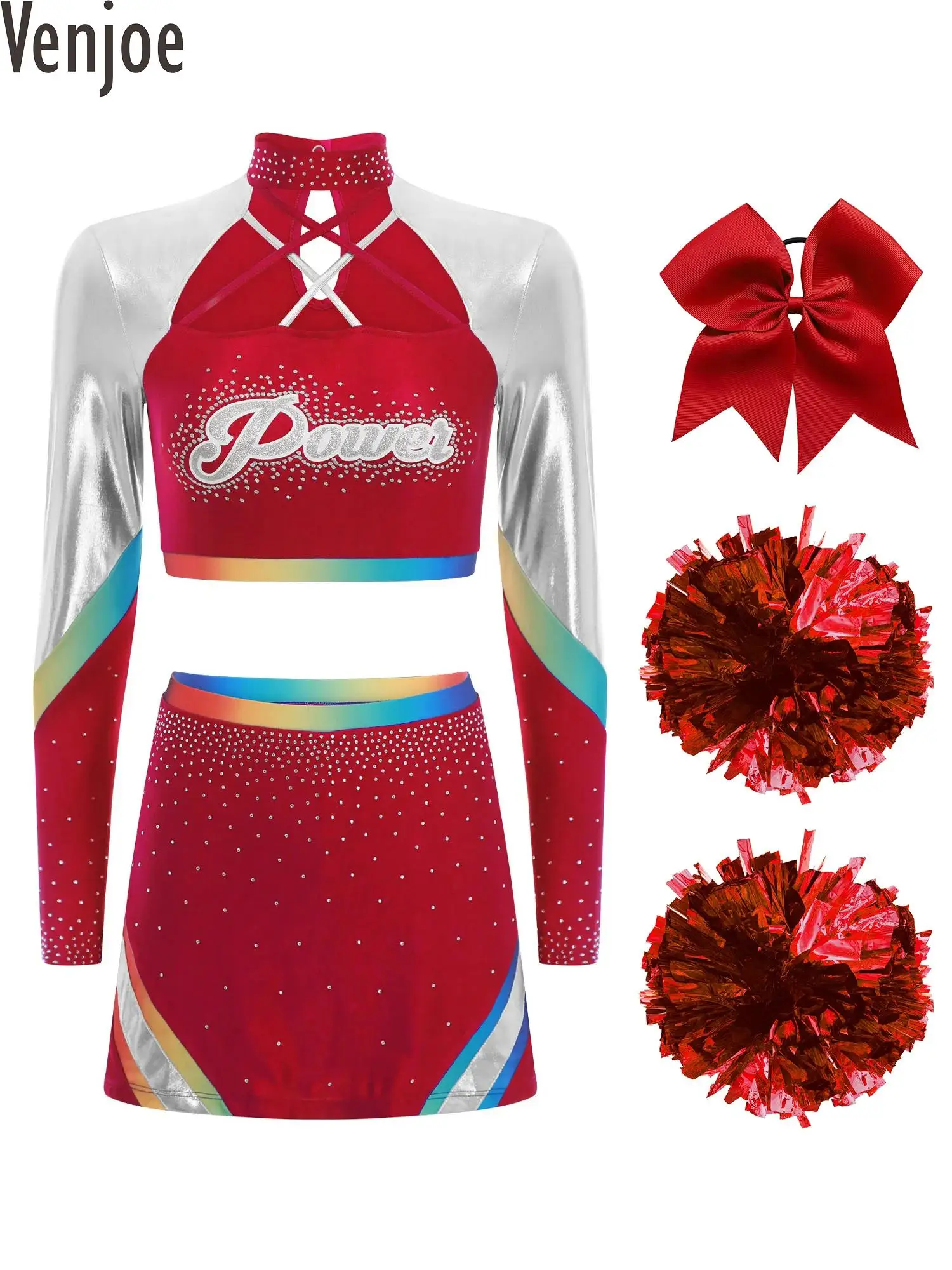 

Womens Cheerleading Uniform Long Sleeves Sequins Crop Tops with Dance Skirt Cheers Hand Flowers and Bowknot Hair Ties Outfits