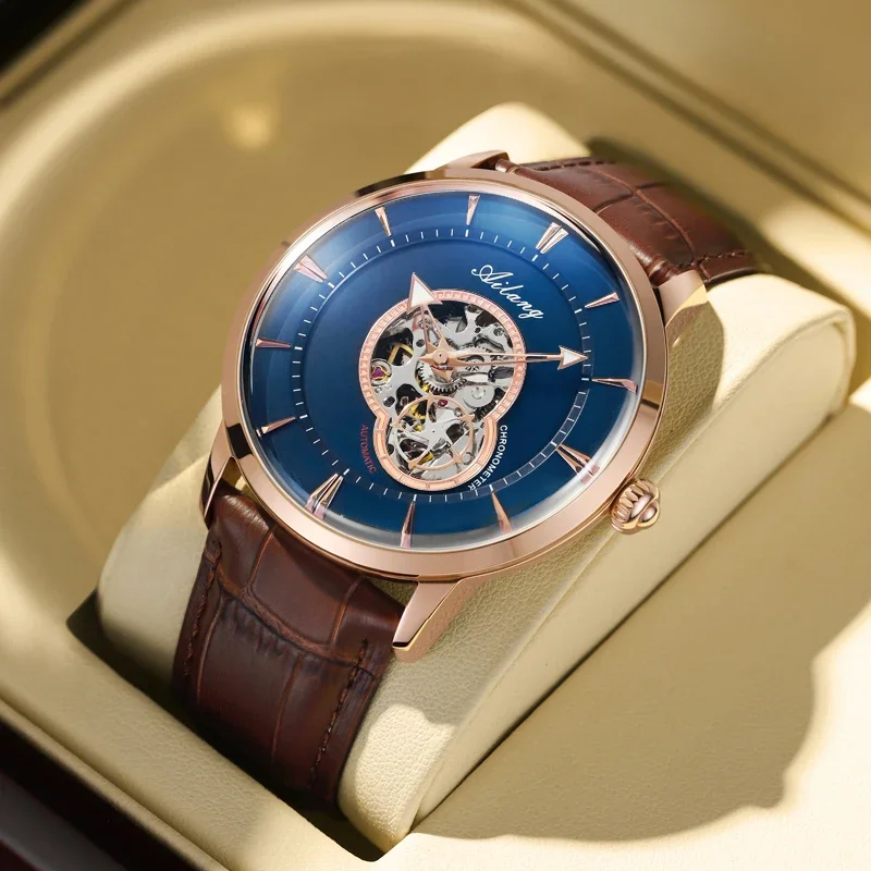 AILANG Brand Luxury Waterproof Ultra Thin Hollow out Watch for Men Leather Strap Casual Automatic Mechanical Wristwatch