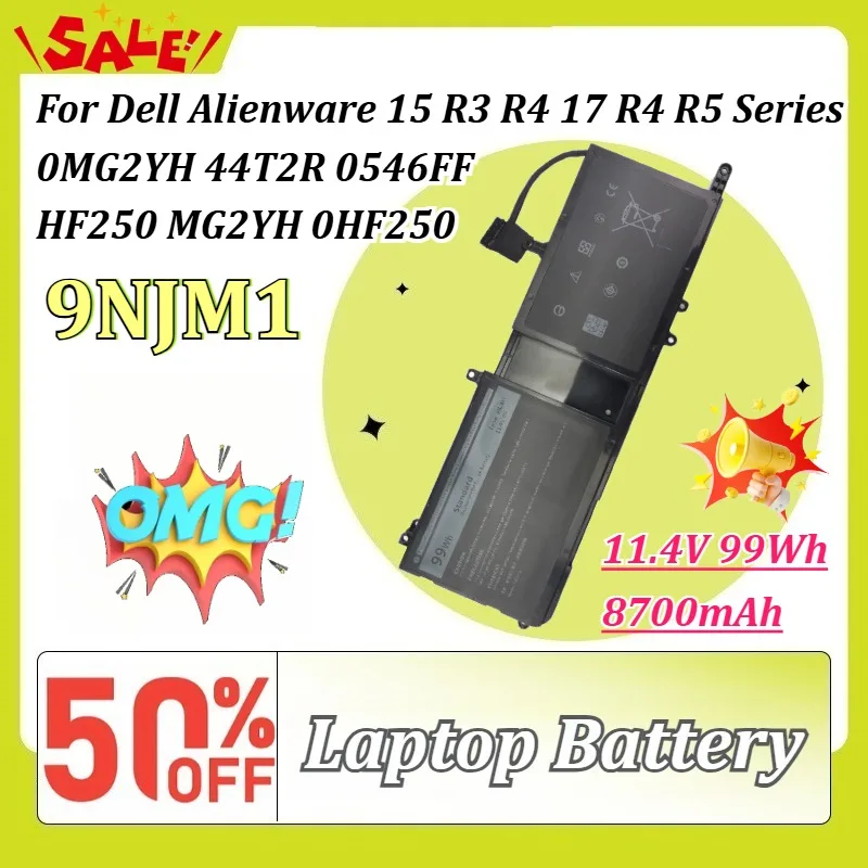 Batería para Portátil 9NJM1 11.4V 99Wh 8700mAh para Dell Alienware 15 R3 R4 17 R4 R5 Series 0MG2YH 44T2R 0546FF HF250 MG2YH 0HF250 01D82