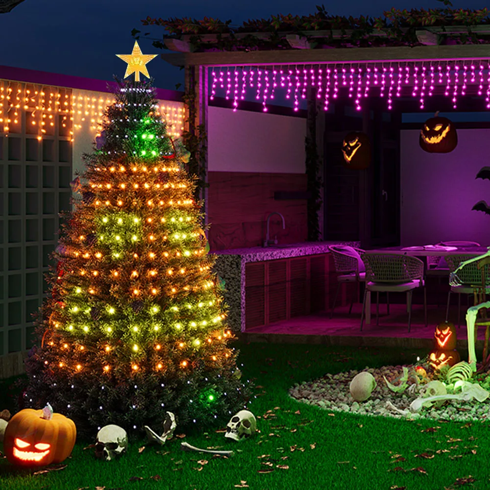 Lampu Pohon Natal Pintar 400LED 1.8M, Kontrol Aplikasi Sinkronisasi Musik Pola DIY Timer Teks untuk Dekorasi Liburan Halloween Natal