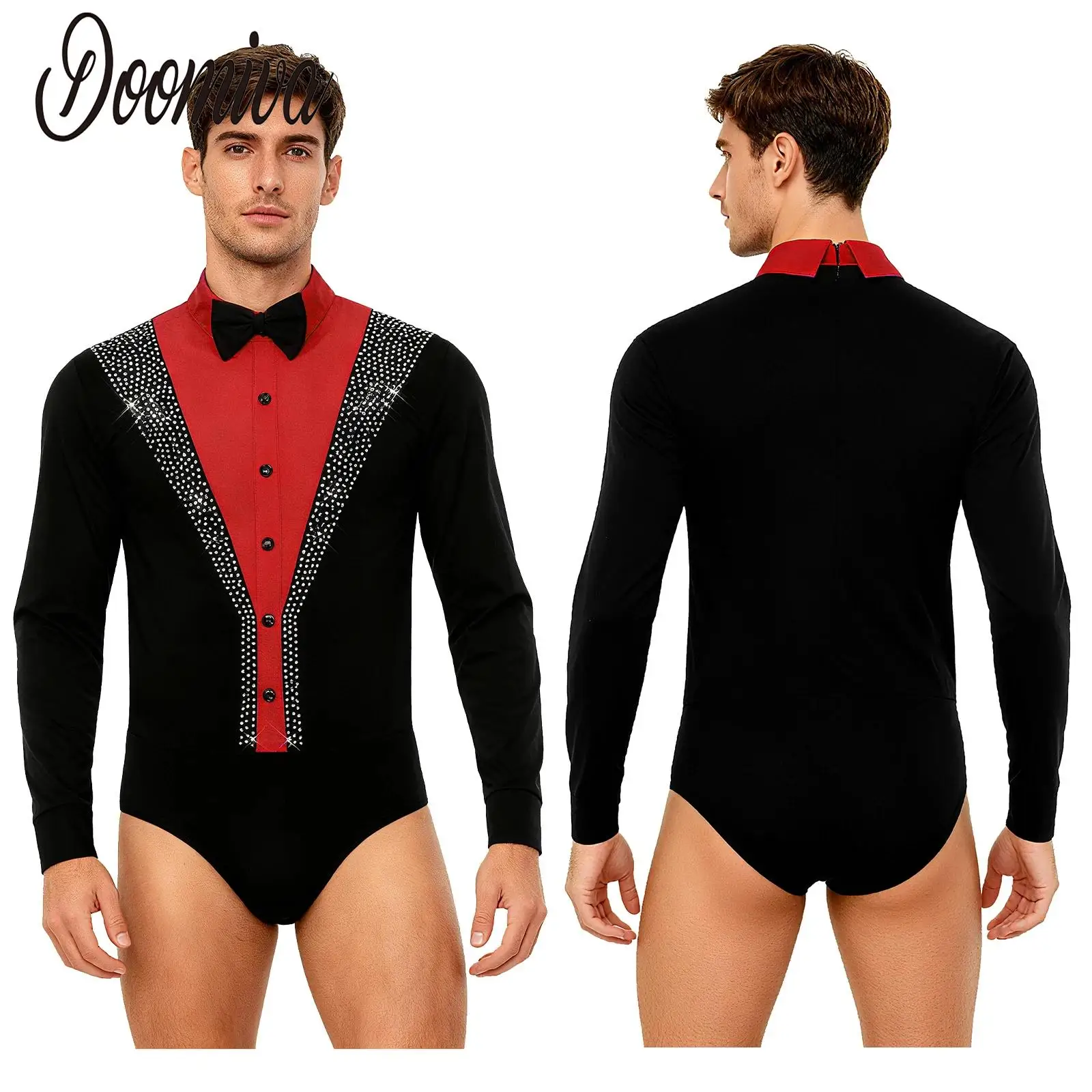 

Men Leotard Latin Ballet Dance Jazz Figure Skating Bodysuit Contrast Color Long Sleeve Zipper Rhinestones Jumpsuit Dance Costume