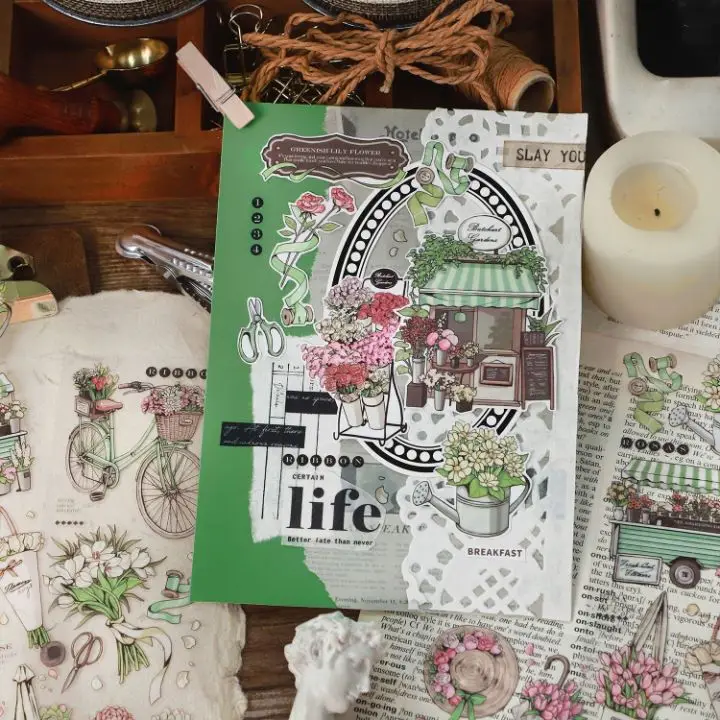 MOHAMM 6 Sheets PET Sticker Retro Decoration Handbook Sticker Plant Flower Sticker