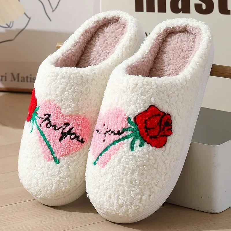 

Winter Christmas Cotton Slippers for Women Home Couples Heart Indoor Warm Slippers Female Casual Flat Floor Slides