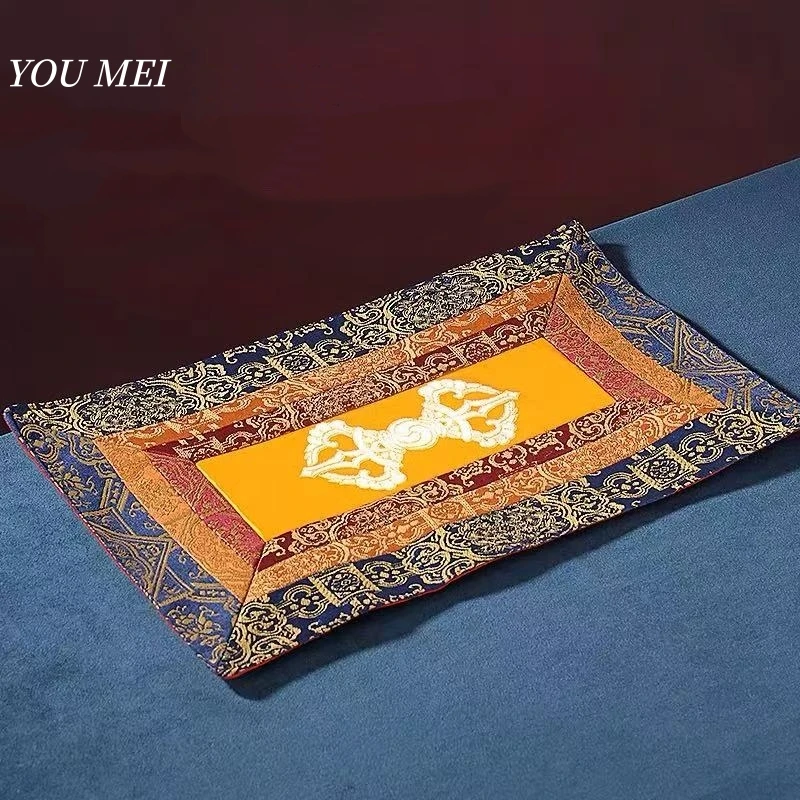 

Tibetan Tablecloth Cushion,Square Colorful Silk Double-Layer Embroidery Vajra Pattern Table Flag Mats Tantric Buddhist Item