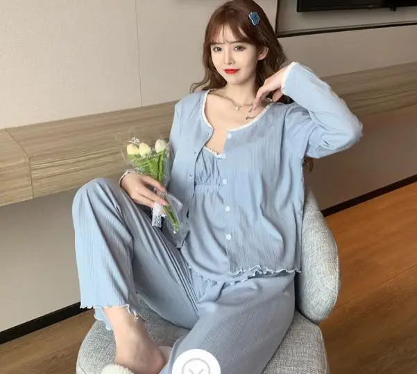 Fdfklak Sexy Sling Shirt + Long Sleeve Tops + Pant 3 Piece Set Casual Spring Autumn Pajamas Women Cotton Sleepwear Pijama Suits