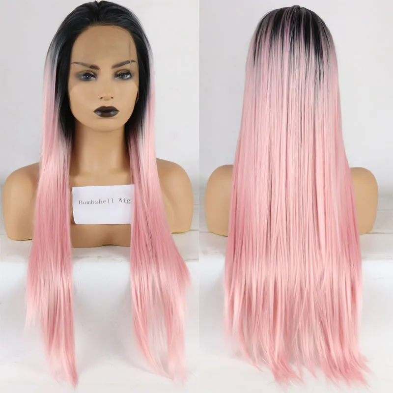 Black Roots Ombre Pink Straight Hair Synthetic 13x4 Lace Front Wigs High Quality Heat Resistant Fiber Natural Hairline For Women