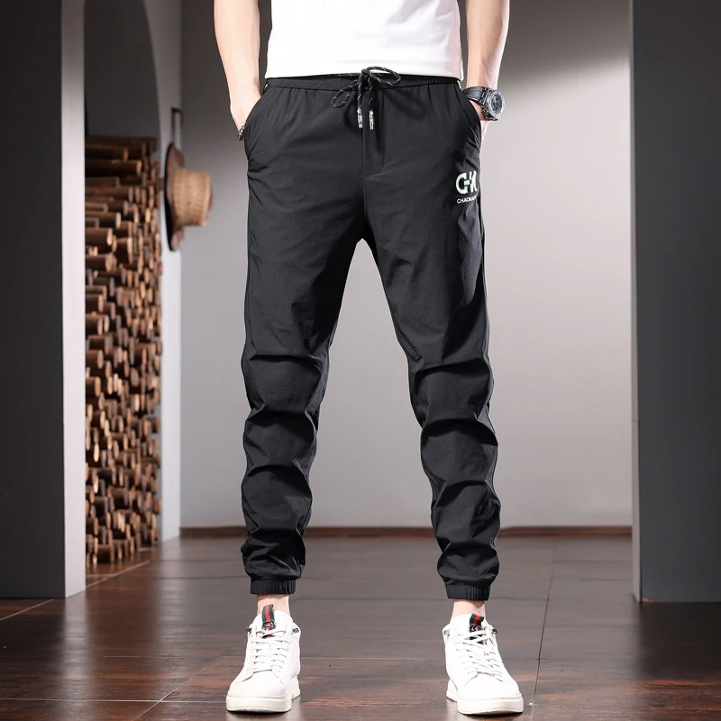 

Summer Men Sport Casual Pants Fashion Letter Printed Black Slim Fit Lightweight Elastic Waist Joggers Trousers