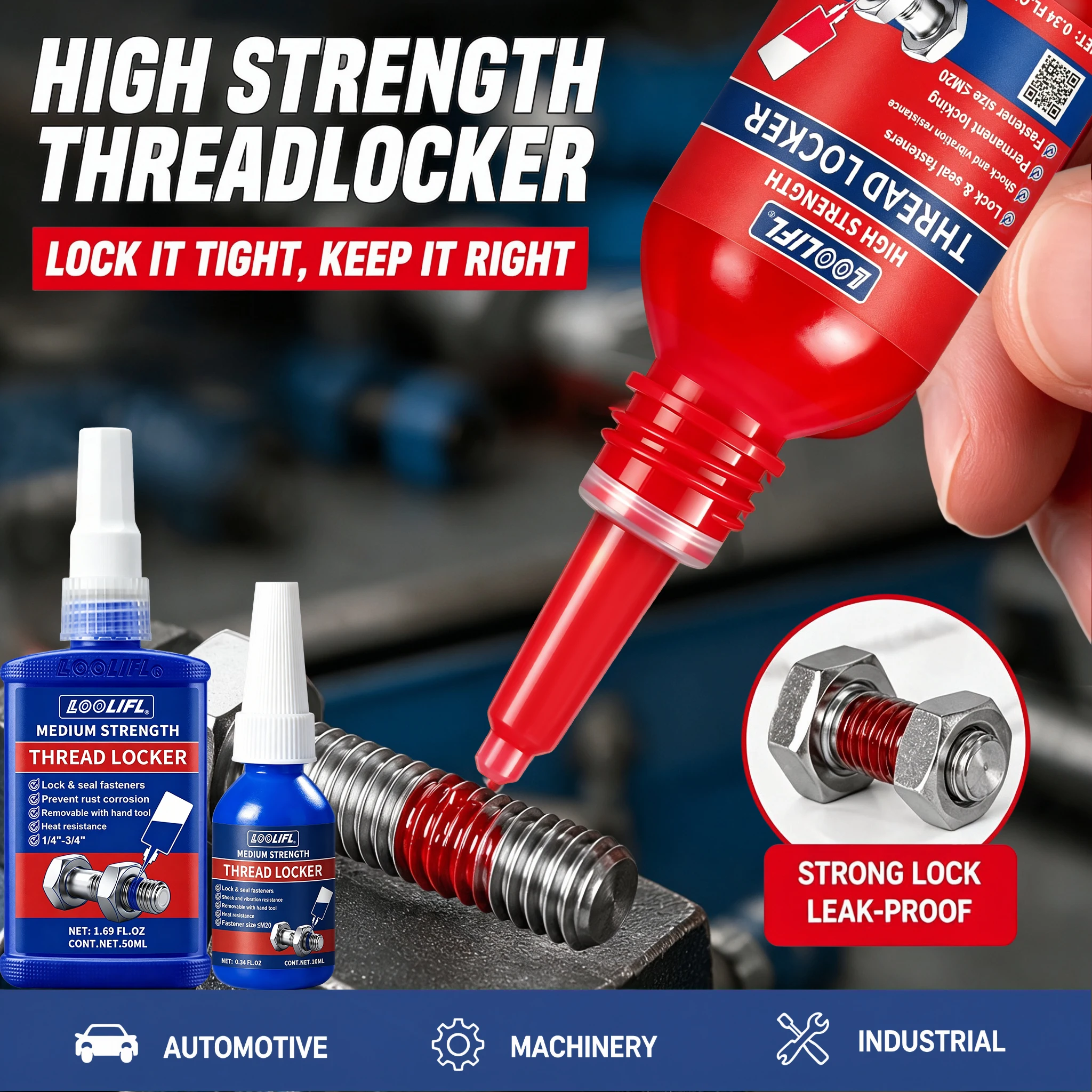 50G LOOLIFL 243 271 Thread Locking Agent Anaerobic Screw Glue Sealant Anti-Loosening Suitable for Metal Bolt Nut Thread Fasten