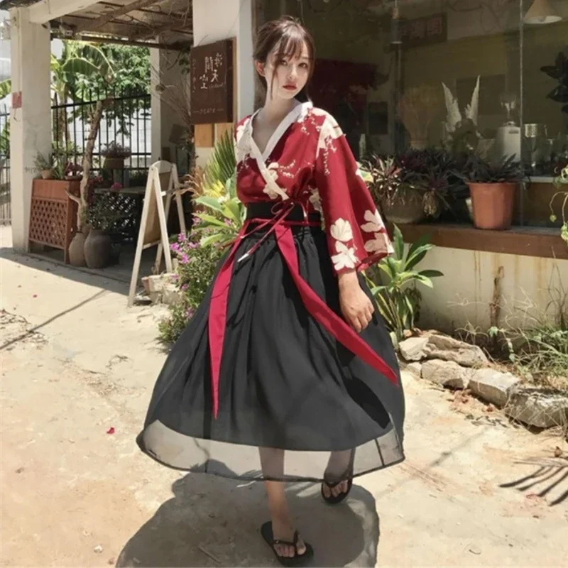 Retro Japanese Style Vintage Hanfu Haori Kawaii Girls Women Foral Kimono Dress for Party Yukata Asian Clothes Skirts Vestidos RZ