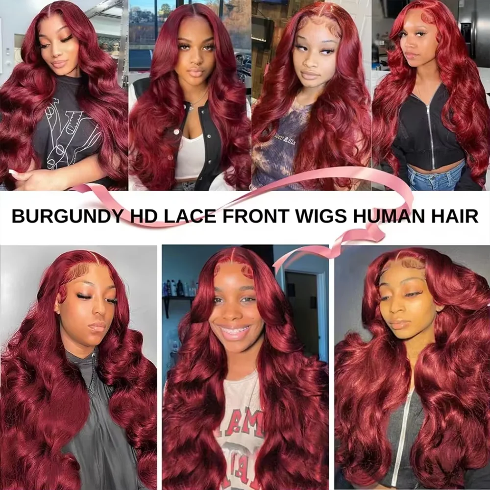99J Red Body Wave 13x6 HD Transparent Lace Frontal Wigs Pre Plucked Brazilian 13x4 Lace Front Human Hair Wig 200% Density Burgundy 18-46 Inch Wigs For Women view 7