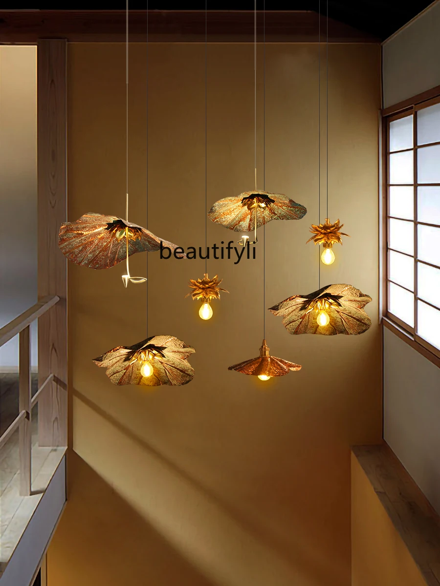 Thai Style Copper Lotus Leaf Villa Staircase Restaurant Lighting Retro