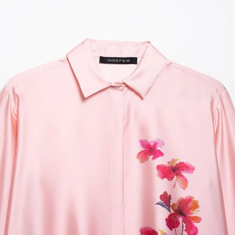 ربيع 2025 المرأة فضفاضة الحرير الساتان الأزهار طباعة irt Ele Quali Long Sve تنوعا Sle طول منتظم قسط Fa... #3