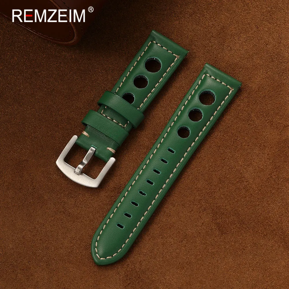 Vintage Perforated Genuine Leather Watch Band for Men 20mm 22mm 24mm Breathable Replacement Strap for Male Wristwatch