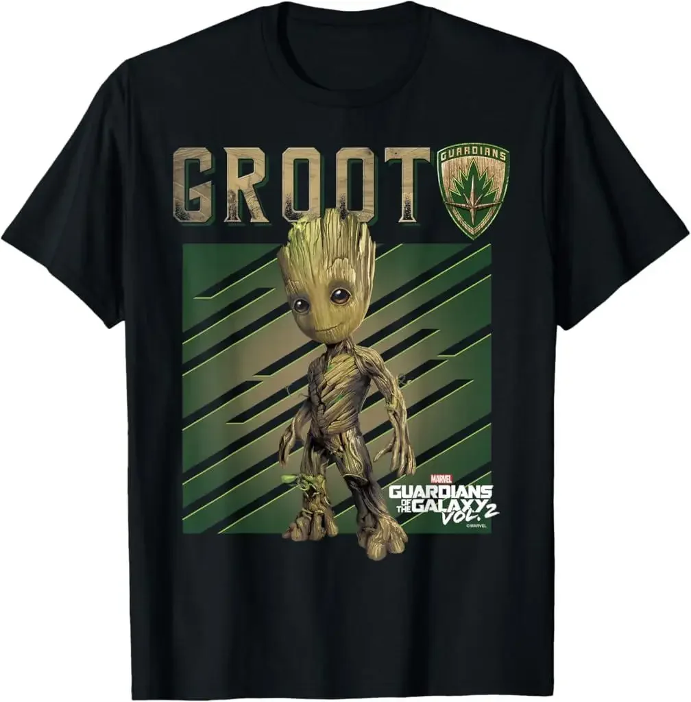 Marvel Guardians Galaxy Rocket Raccoon GROOT Camiseta gráfica Camiseta de algodón negro Fans Ropa casual cómoda Disponible Todos los tamaños