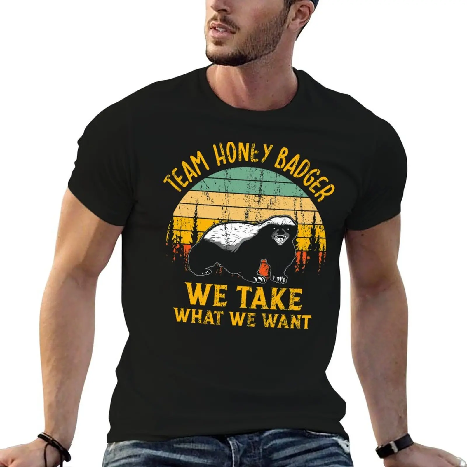 

Honey Badger Dont Care We Take What We Want Snarling Wild Animal Vintage Sunset T-Shirt man t shirt cotton high quality T-Shirt