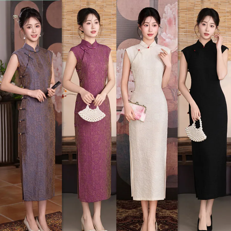 

Новое китайское платье-ципао в гонконгском стиле без рукавов, длинное, для весны и лета 2026 года, молодежное, приталенное, повседневное