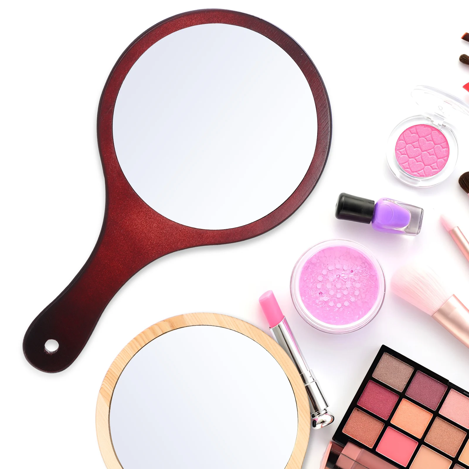 2 szt. Drewniane lusterko ręczne, duże lusterko do makijażu, podróżne, przenośne, do użytku w salonie, ergonomiczny kształt, z otworem do zawieszenia, do domu