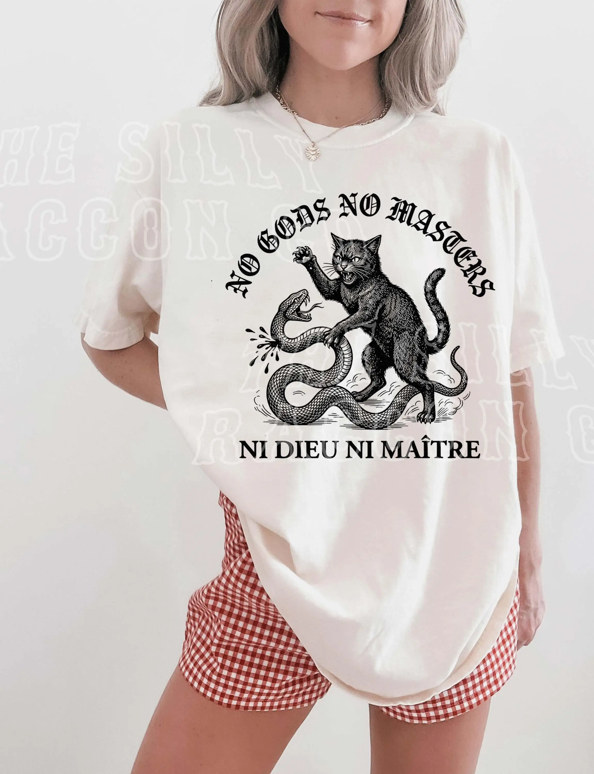 Anarchistisches Katzen-Shirt, No Gods No Masters T-Shirt, Gothic Black Cat Snake Grafik, Punk-Geschenk für Katzenliebhaber – Detail 6