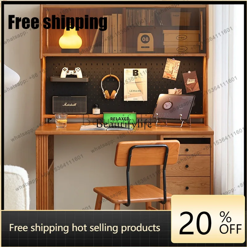 HJ Nordic cherry wood adjacent desk bookshelf Japanese integrated storage cabinet all solid wood computer desk